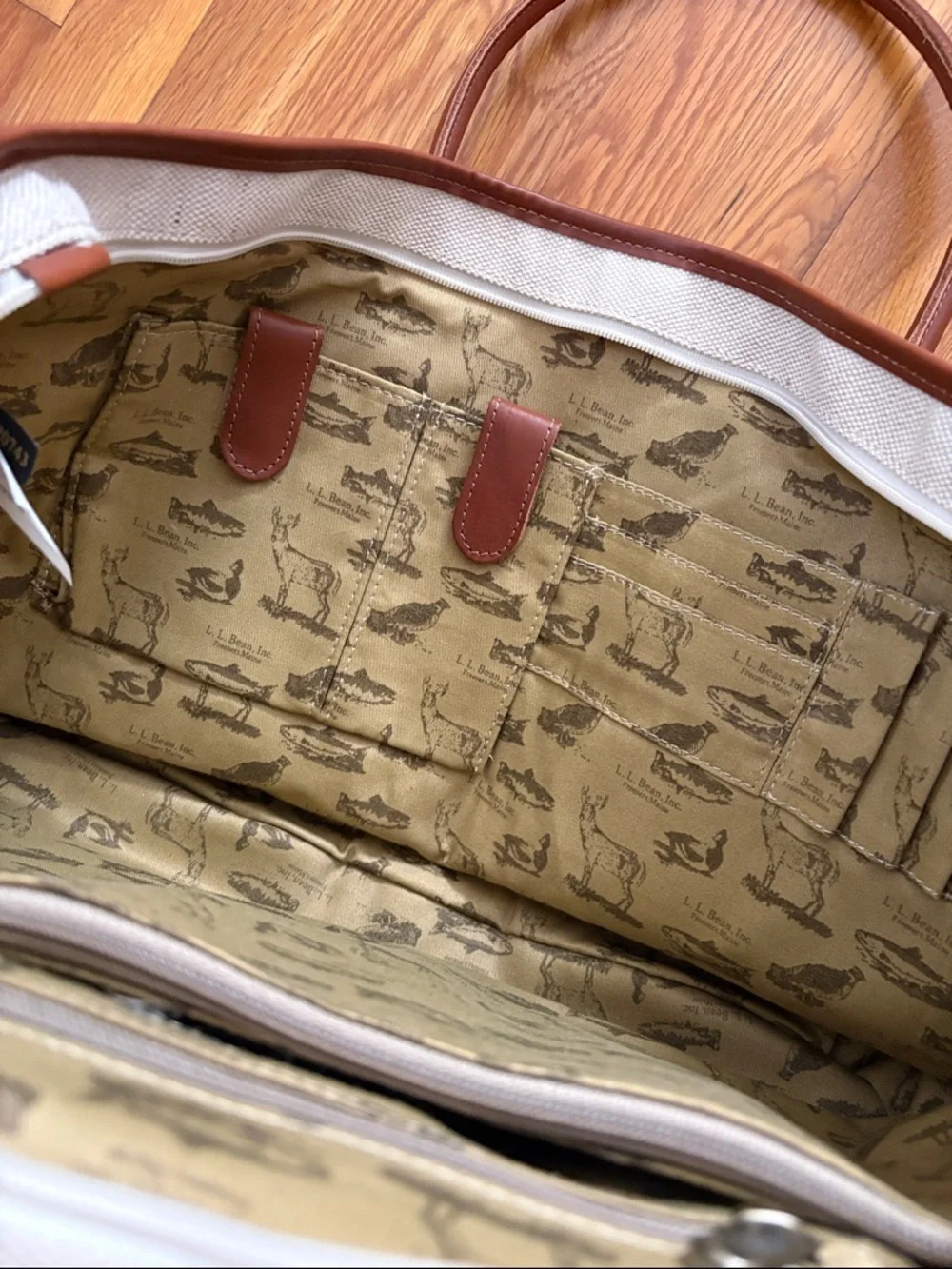 L.L. Bean Boat & Tote Bag canvas jute Leather handles and details - Picture 3 of 7